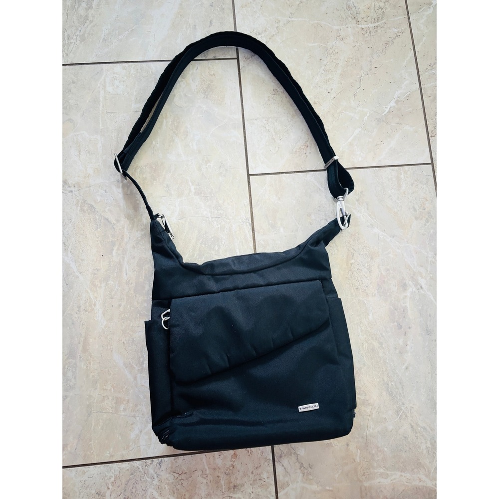 Travelon Black Anti-Theft Crossbody Bucket Bag RFID Blocking Pouch LED Light